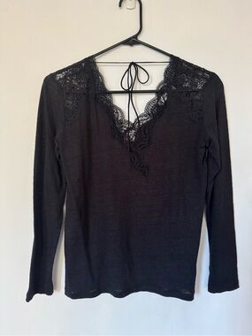 Sandro Women’s Black Lace-Trim Long Sleeve Top
